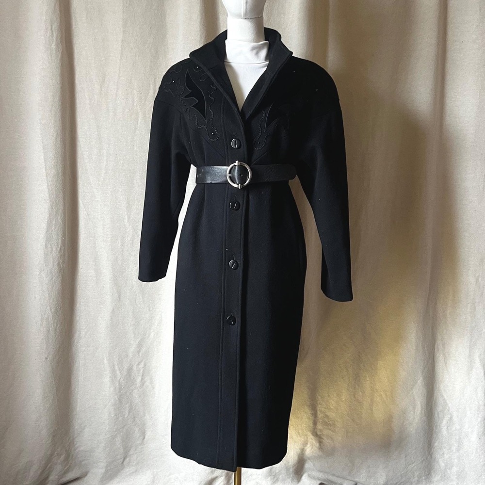 Vintage Luba Paris Wool‎ Coat Black Embroidered Long 90s Made Canada M